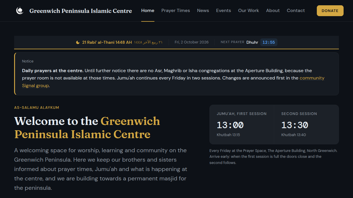 The new Greenwich Peninsula Islamic Centre website on a laptop
